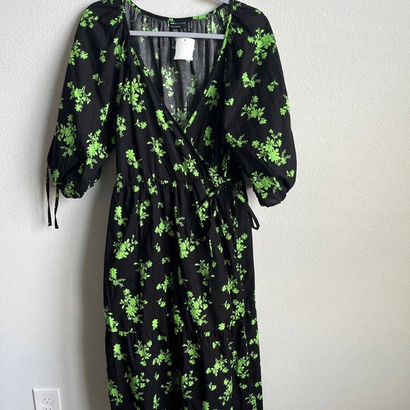 RARE ASOS DESIGN balloon sleeve long dress tie front lime green black wrap US 4 - Picture 2 of 5